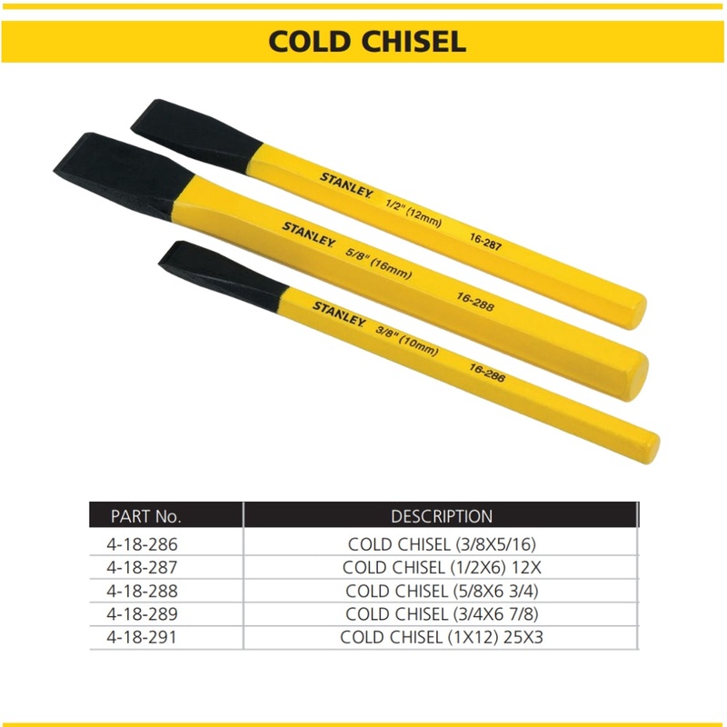 Stanley Steel Chisels|STHT16290-8 COLD CHISEL 7/8″ 22mm|4-18-286 COLD CHISEL (3/8X5/16)|4-18-287 COLD CHISEL (1/2X6) 12X|4-18-288 COLD CHISEL (5/8X6 3/4)|4-18-289 COLD CHISEL (3/4X6 7/8)|4-18-291 COLD CHISEL (1X12) 25X3|4-18-292 UTILITY CHISEL 1-1/4X12 FL