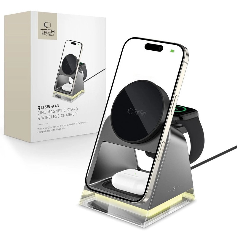 Tech-Protect QI15W-A43 3in1 trdls oplader med MagSafe til Apple-enheder – sort