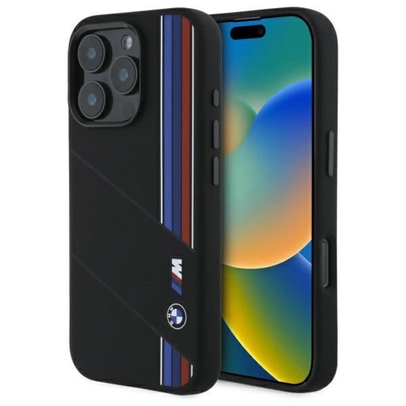 BMW Silicone Cut Tricolor Lines MagSafe Case til iPhone 16 Pro Max – sort