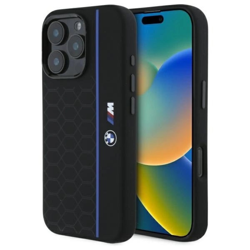 BMW silikone Hexagon Blue Line MagSafe Case til iPhone 16 Pro Max – sort